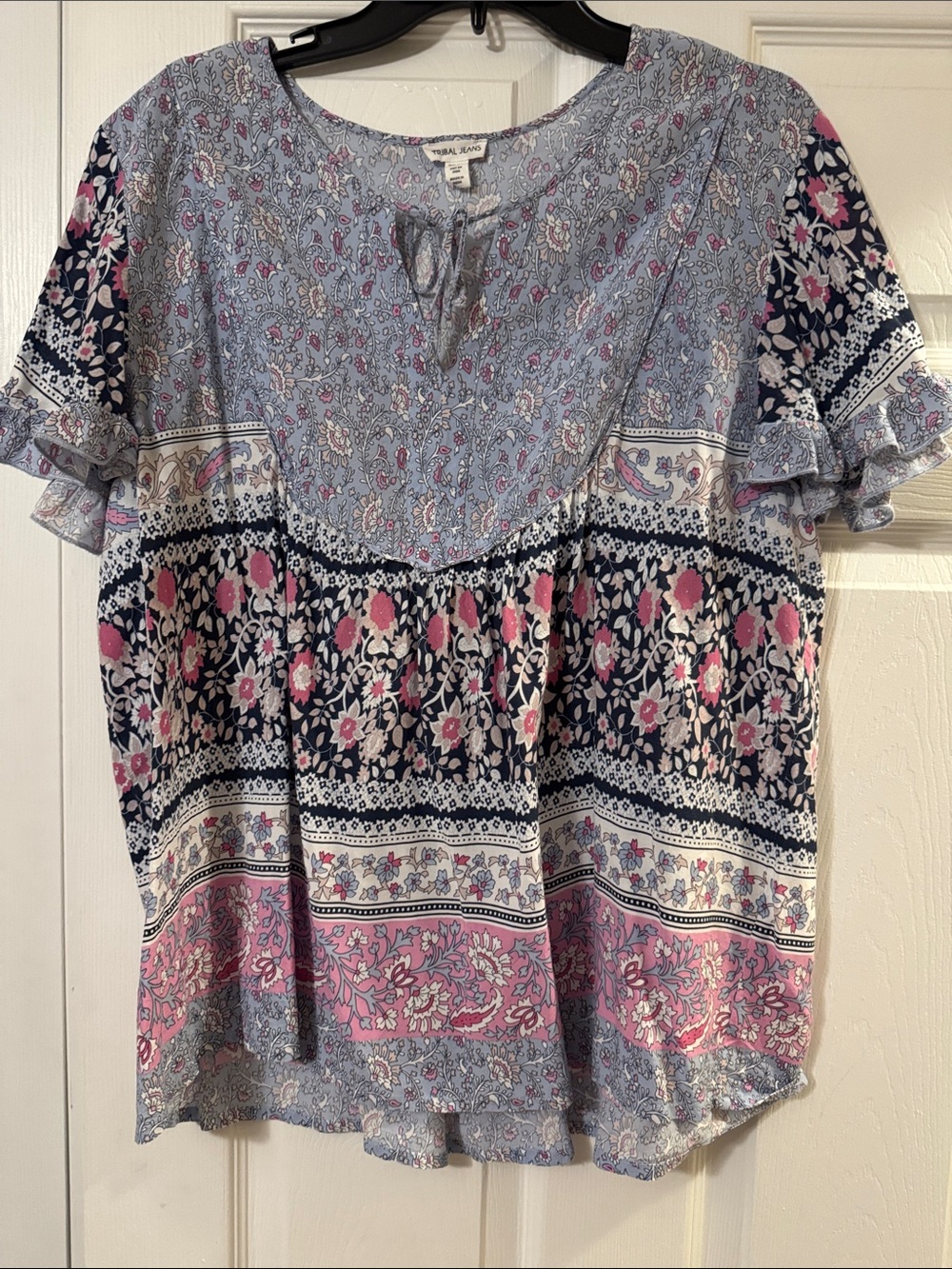 Boho Floral Peasant Blouse in Pink & Blue